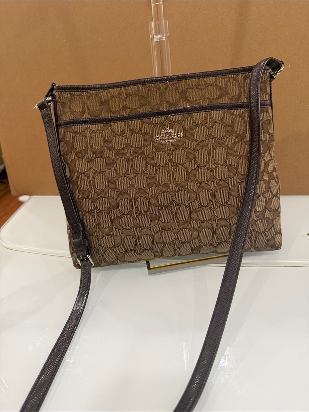 Coach Brown Signature Crossbody with Dark Leather Trim